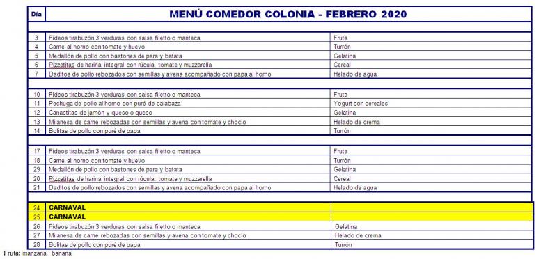 Menú Colonia Febrero 2020